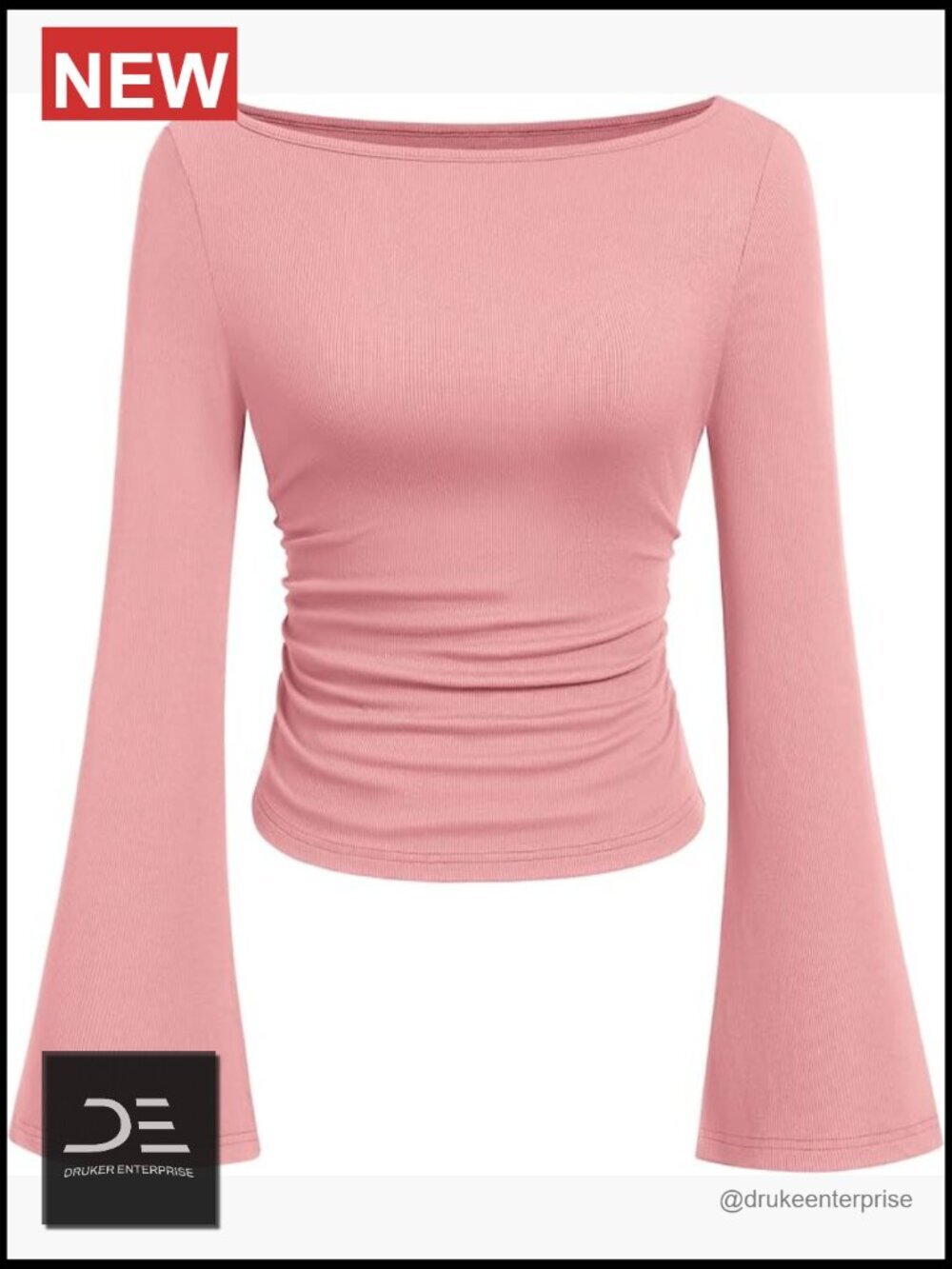 Long Sleeve Crop Top Boat Neck Bell Sleeve Ribbed Ruched Y2K Going Out T Shirt